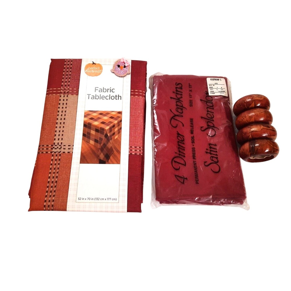 Perfect Harvest Plaid Tablecloth Bardwil Napkins & Wood Napkin Rings Set 9pc